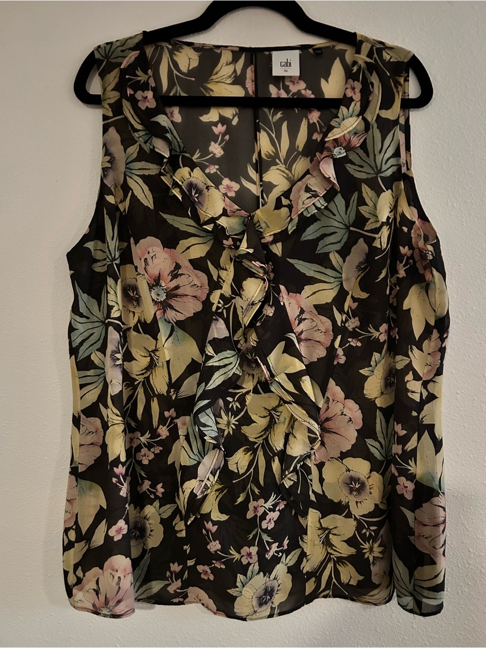 CAbi Black Floral Ruffle V-Neck Sleeveless Camisole